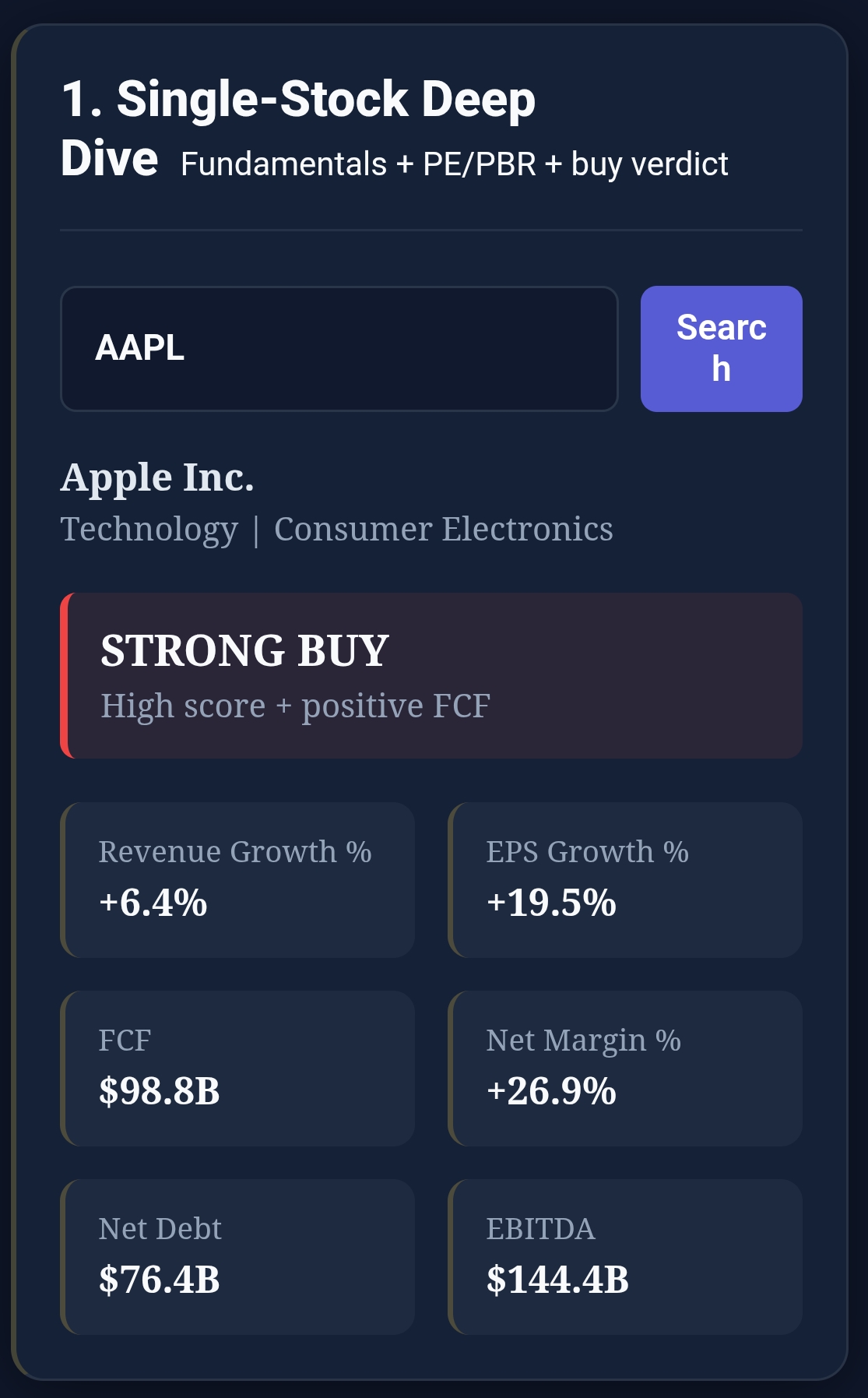 Single-Stock Deep Dive widget analysis view